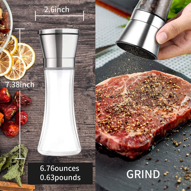 Herda Salt and Pepper Grinder - Refillable 304 Brushed Stainless Steel Shaker - Adjustable Ceramic Sea Salt & Pepper Grinder - Tall Glass Salt- Pepper Mill & Salt Mill (2Pcs) - Image 2